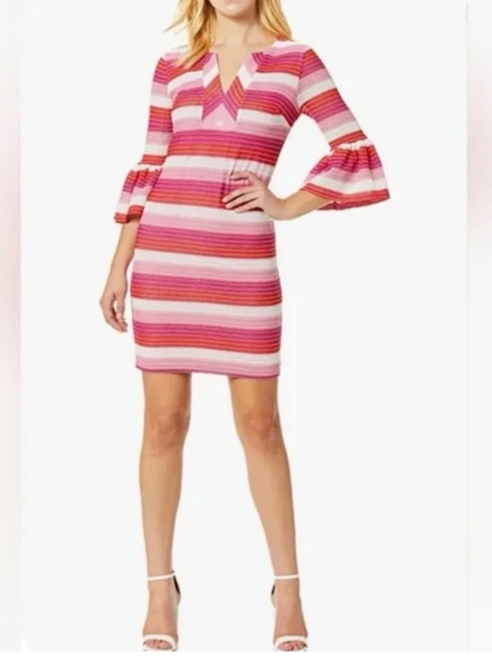 TRINA TURK Phenomenal Stripe Bell Sleeve Knit Dress Pink White Red Size 10